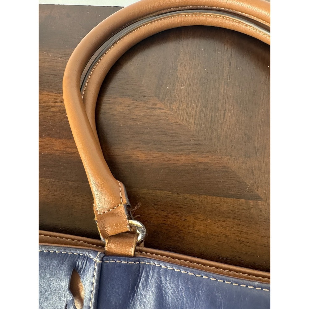 Tignanello Leather Tote Bag Navy‎ Blue Brown Shoulder Handbag Large - Picture 4 of 13